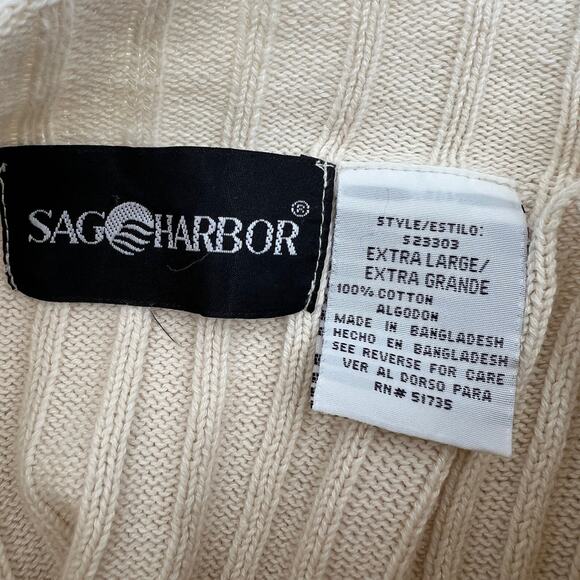 Vintage 90s Ribbed Knit Sweater Ivory Mock Neck Long Sleeve Sag Harbor Fisherman - Picture 3 of 6